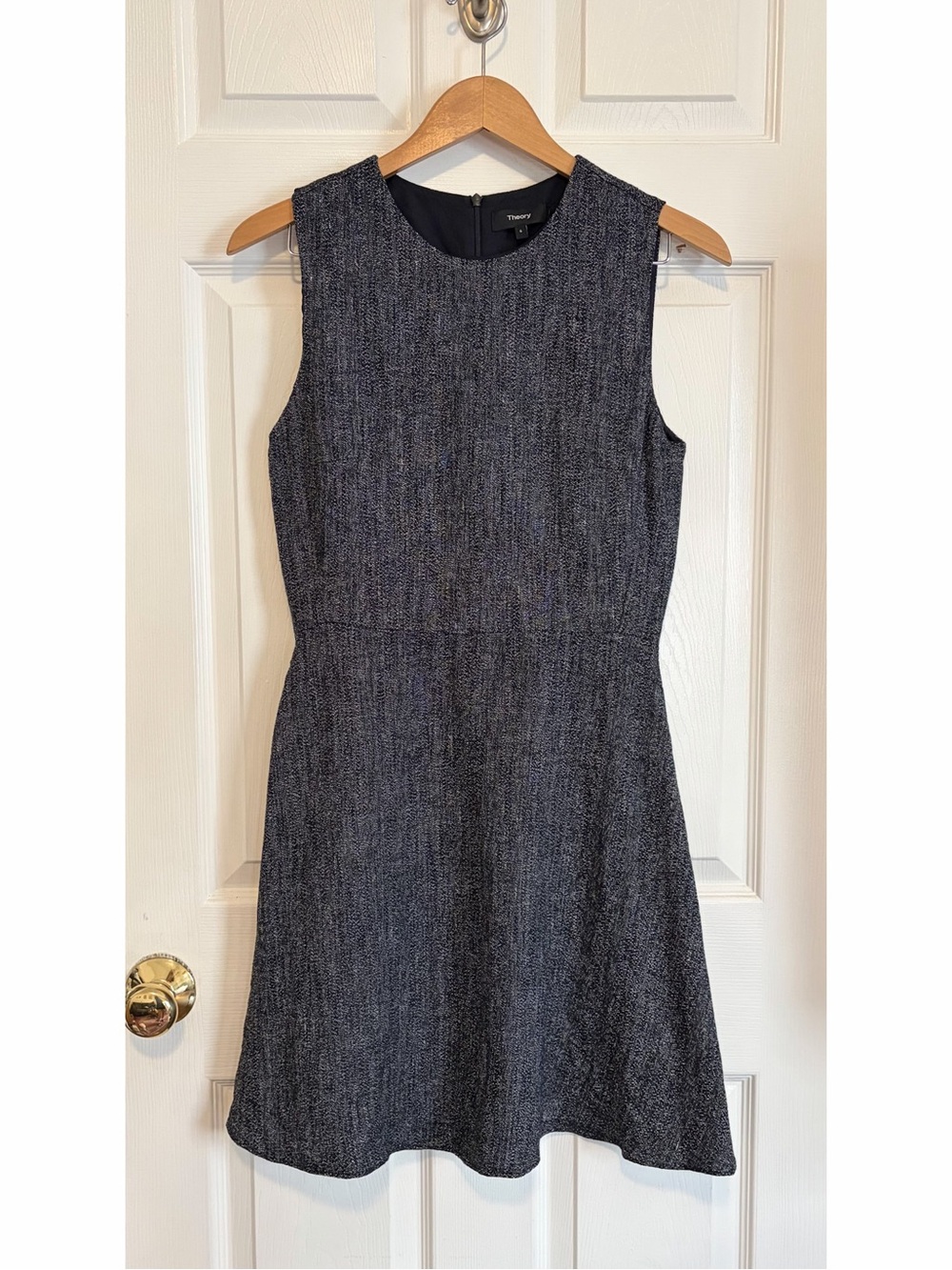 Theory Dart Mini Dress Size 6 Navy Gray Linen Blend Herringbone Melange Career
